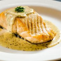 Salmon With 3 Mustards · Grilled Scottish salmon, finished in a cream sauce with honey-mustard, dijon and grained mus...