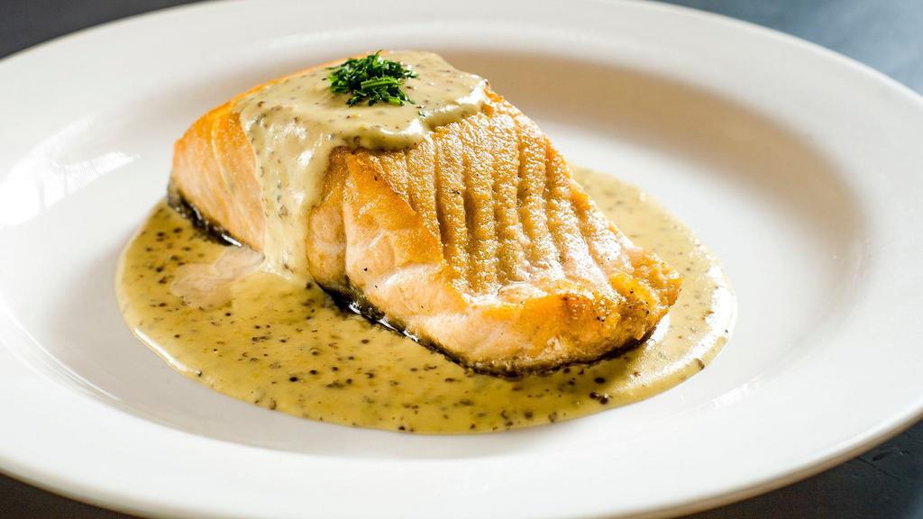 Salmon With 3 Mustards · Grilled Scottish salmon, finished in a cream sauce with honey-mustard, dijon and grained mustards, and a touch of horseradish.