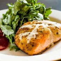Salmon With Herb Crust, Arugula, & Beets · Grilled Scottish salmon with herb breadcrumb crust, horseradish creme fraiche.