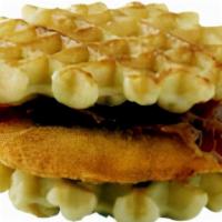 Chicken And Waffles Slider Cal 390 · Crispy chicken breast sandwiched between two fluffy Belgian Waffles and topped with bacon.