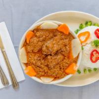 Mafe ( Peanut Butter Sauce / Stew + Rice ) ( Sauce Arachide Avec Riz ) ( Maffe ) · A rich peanut butter stew made with fresh lamb, potatoes, and carrot. Served with white rice.