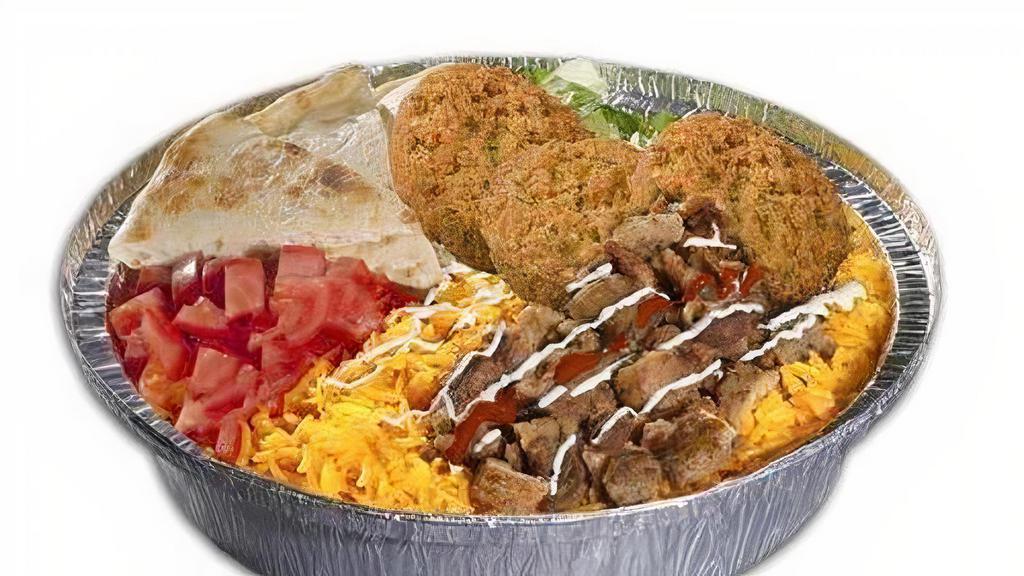 Beef Gyro & Falafel Platter · Platters served with combo of falafel and beef gyro. Small platters are served with one white sauce and one red sauce. Regular platters are served with two white sauces and one red sauce.