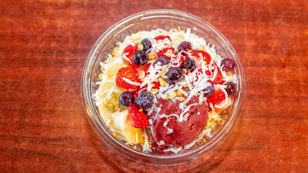 Small Açaí Bowl · Acai fruit, coconut, granola, banana, strawberries, blueberries, and drizzle of honey