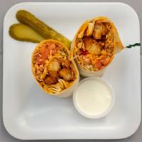 Buffalo Chicken Wrap · Crispy chicken, iceberg lettuce, tomato, cheddar-jack cheese and sauce on the side.