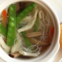 Shredded Chicken Mai Fun Noodle Soup 雞絲米粉湯 · Sliced chicken with seasonal mixed vegetables and vermicelli rice noodles in a clear vegetab...
