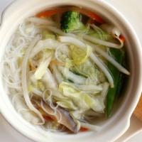 Vegetarian Mai Fun Noodle Soup 雜菜米粉湯 (Vegan) · Vegetarian. Seasonal mixed vegetables and vermicelli rice noodles in a clear vegetable broth...