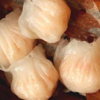 Shrimp Dumplings 蝦餃 (4Pcs) · Handmade shrimp dumplings wrapped in crystal skin wrappers