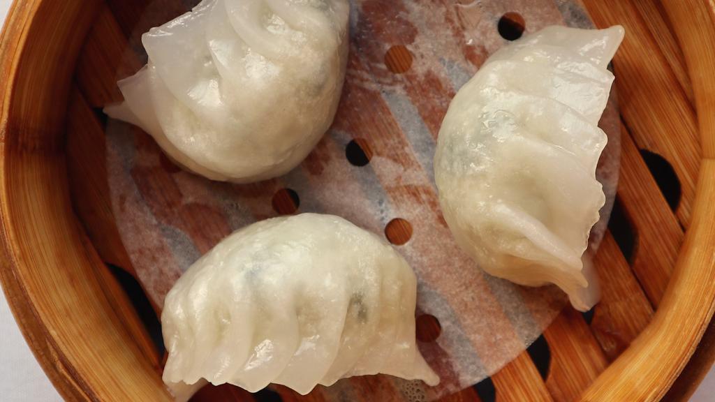 Pork & Vegetable Dumplings 菜肉餃 (3Pcs) · Handmade dumplings filled with minced pork and bok choy stems wrapped in crystal skin wrappers