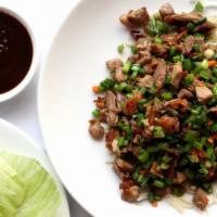 Minced Duck With Lettuce Leaves 生菜包火鴨菘 · Minced roast duck with chives, carrots, and celery. Served with fresh lettuce leaves and hoi...