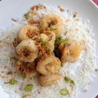 Salt & Pepper Jumbo Shrimp 椒鹽蝦球 · Lightly-battered jumbo shrimp with salt and pepper on a bed of puffed rice vermicelli. Serve...