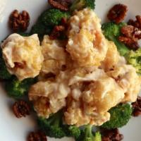 Jumbo Shrimp With Honey-Roasted Walnuts 核桃蝦 · Deep-fried battered jumbo shrimp with a creamy Grand Mariner sauce. Served with steamed broc...