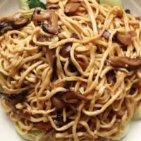 Mushroom Yi Mein 北菇干燒伊麵 (Vegetarian)  · Braised egg noodles with mushrooms with baby bok choy