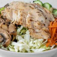 Dgb Protein Punch Bowl · Chicken breast, mixed greens, cabbage, roasted mushrooms, edamame, cucumber, pickled carrots...