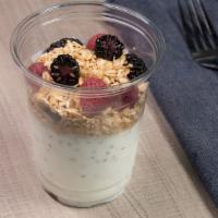 Chia And Fruit Yogurt Parfait · low fat yogurt, chia seed, granola and fresh fruit.