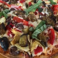 Verdurina · Roasted red bell peppers, black olives, artichokes, eggplant, mozzarella cheese.