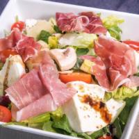 Arugula Salad · Baby arugula, speck, Cherry tomatoes, mushrooms,Buffalo mozzarella and olive oil and balsami...
