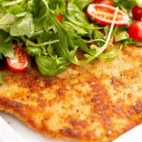Pollo Alla Milanese · Breaded boneless chicken Breast, topped with baby arugula and cherry tomatoes.