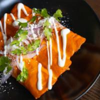 Chicken Enchiladas · tomatillo salsa - chihuahua cheese - crema fresca - pickled fresno (contains dairy, gluten-f...