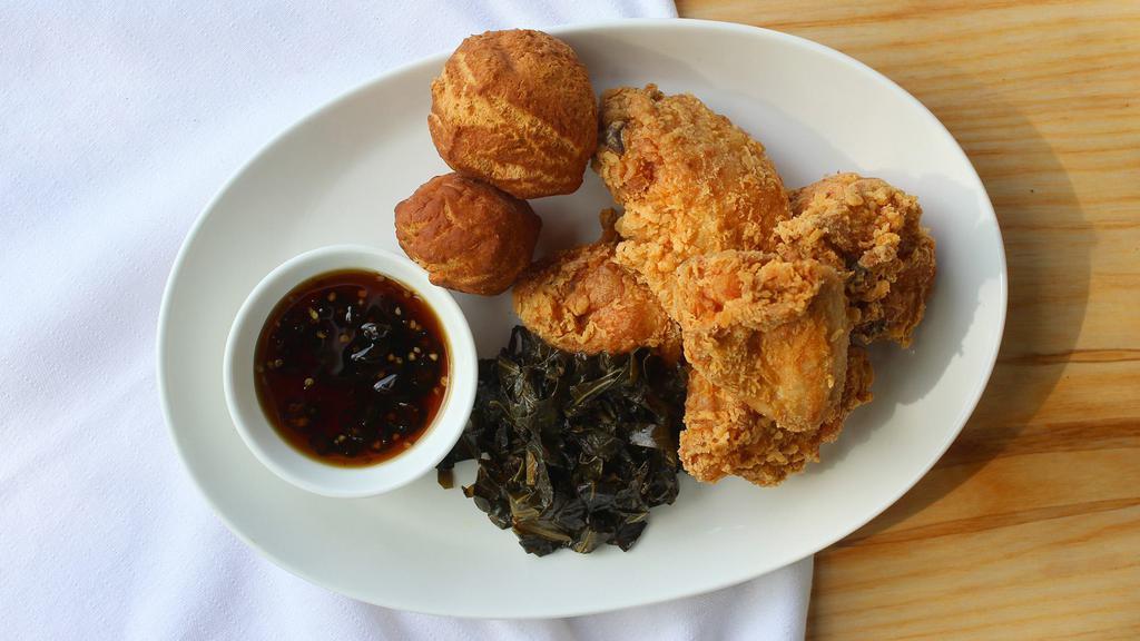 5 Pieces Fried Chicken · with coconut caulied greens with hot jalapeno