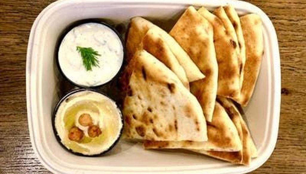 Grilled Pita (2) & Dips (2) Plate · Two grilled pita and choice of two small dips.