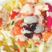 Mamoun'S Salad · Lettuce, tomatoes, onions, pickles, turnips, olives, feta cheese, grape leave, lemon juice, ...