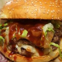 Home Base Burger · Short Rib-Brisket Blend, Bacon, Cheddar, Fried Pickles, Caramelized Onions, BBQ Sauce, Lettu...