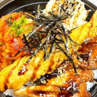 Red Dragon Bowl · Fresh spicy tuna, crab salad, one piece shrimp tempura, two pieces unagi (fresh water eel).