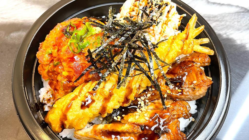 Red Dragon Bowl · Fresh spicy tuna, crab salad, one piece shrimp tempura, two pieces unagi (fresh water eel).