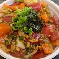 Natto Poke · Fresh Ahi and Salmon Diced up mixed with Natto (fermented soybean!) and House Shoyu over sus...
