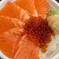 Salmon Ikura · Six pieces salmon sashimi and one oz ikura.