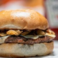 Mushroom Swiss Burger · Sautéed mushrooms and melted swiss on a fresh baked bun brushed with a hint of garlic Parmes...