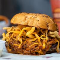 Spicy Chili Burger · 7 oz. Angus Beef and spicy chili with cheddar cheese, onion straws and chipotle mayo on a fr...