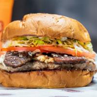 Gyro Burger · Fresh ground turkey, feta cheese, grilled gyro strips, lettuce, tomato, red onion, and tzatz...