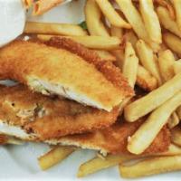 Fish And Chips · Breaded Tilapia wih French Fries served with tartar sauce.