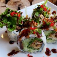 Spider Roll · Fried soft shell crab, avocado, cucumber, lettuce and mayo top with eel sauce, scallion and ...