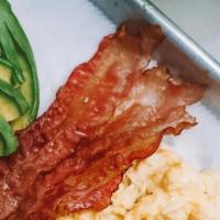 Keto Fat Bomb · Scrambled Cage Free Eggs, Grass Fed Bacon & Avocado