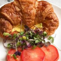 Egg Croissant Sarni & Salad · Croissant Sarni topped with Cage Free Scrambled Eggs, Swiss cheese, chipotle mayo alongside ...