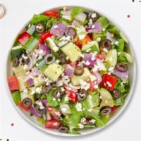 Greeking Out Salad · Romaine lettuce, tomatoes, cucumbers, red onions & feta cheese.