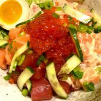 Sushi Poke Bowl · salmon, spicy salmon, tuna, spicy tuna, salmon roe, scallion, soft boiled seasoned egg, mari...