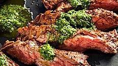 Aged Prime Skirt Steak · 21 day aged prime skirt steak, choice of side and chimichurri sauce.