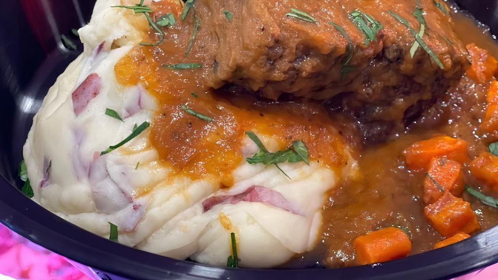 Beef Short Ribs · Braised short ribs, mashed potatoes, vegetables