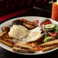 Full Irish Breakfast · Trish sausage, Irish bacon, two eggs in any style, grilled tomato, black and white pudding, ...