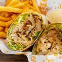 Grilled Chicken Caesar Wrap (-) · Grilled chicken,romaine, parmesan cheese and caesar dressing and side of fries.