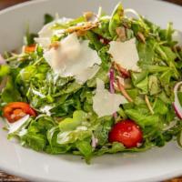 Arugula Salad · Baby arugula with cherry tomatoes, Parmesan cheese, red onions, extra virgin olive oil and b...