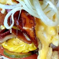 Mac And Cheese Burger · served with bacon, lettuce, tomato, pickled chips, American cheese, buffalo sauce, homemade ...