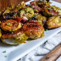 Brussels Sprouts · Irish bacon, red pepper.