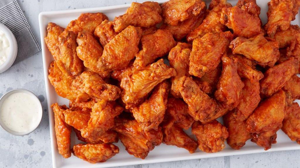 100 Wings · 100 Crispy Jumbo Wings with up to 3 of your Favorite Flavors! 20,000-25,133 cal.