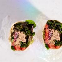 Tuna Wrap · Tuna Salad, Mixed Greens, Avocado, Shredded Cheese, Tomato, Onions, Flour Wrap