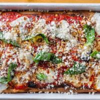 Gluten Free Grandma-Style Pan Pizza · tomatoes, mozzarella and basil

Gluten Free