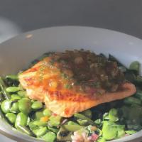 Grilled Arctic Char · sugar snaps, asparagus, mint and jalapeño lime vinaigrette